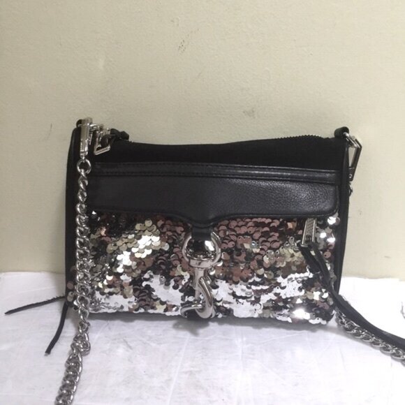 Rebecca Minkoff NEW Sequinned Mini Mac Leather Canvas Crossbody Shoulder Bag Zip - Picture 3 of 16